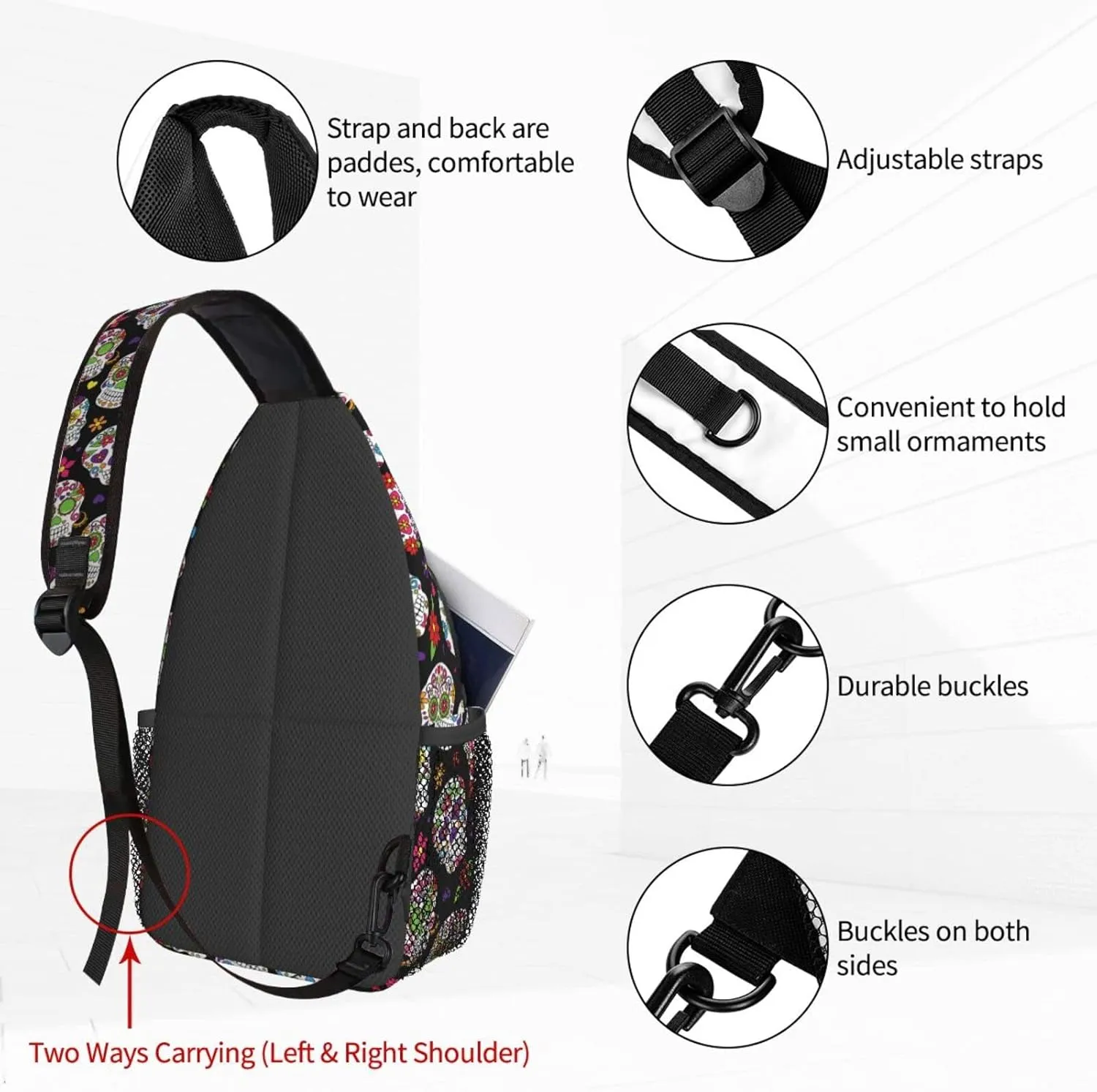 Famame Day Of The Dead Sugar Skulls Sling Backpack Chest Bag Crossbody Shoulder Bag Gym Cycling Travel Hiking Daypack For Men Women Multicolor 25