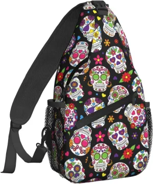 Famame Day Of The Dead Sugar Skulls Sling Backpack Chest Bag Crossbody Shoulder Bag Gym Cycling Travel Hiking Daypack For Men Women Multicolor 25