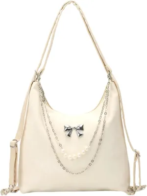 Fashion Tote Bag with Pearl Chain and Bow, Shoulder Bag,Handbags for Women, Tote Bag,Casual Style,Crossbody Bags for Women，Suitable Schedule Commuting Party