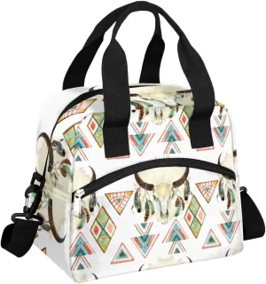 Feathered Ox Head Lunch Bag Insulated Reusable Tote Cooler Box Shoulder Portable Meal Bags Adult Large Lunchbox for Women Men with Adjustable Strap Totes