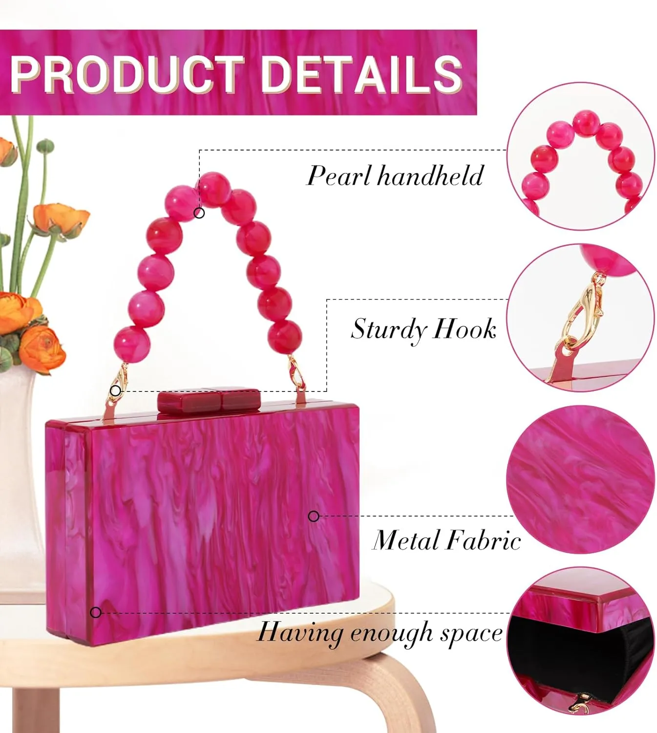 Fecialy Women Acrylic Clutch Purse Beads Evening Handbag Marble Clutch Formal Party Bridal Wedding Crossbody Bag