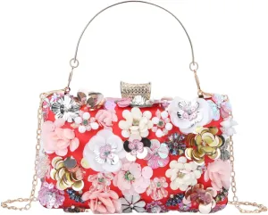 Fecialy Women's Floral Evening Handbags Colorful Rhinestone Clutch Purses Floral Bride Wedding Handbag Chain Shoulder Bag