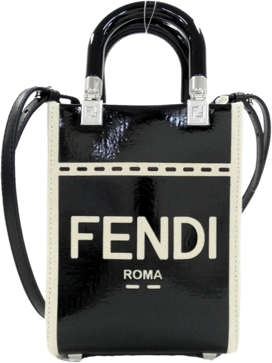 FENDI FF Mini Bag Shopper Tote Crossbody Bag Leather and Canvas Black 8BS051