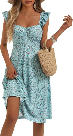 FENSACE Summer Cute Sweetheart Neckline Sundresses Ruffle Sleeve Floral Knee Length Dress