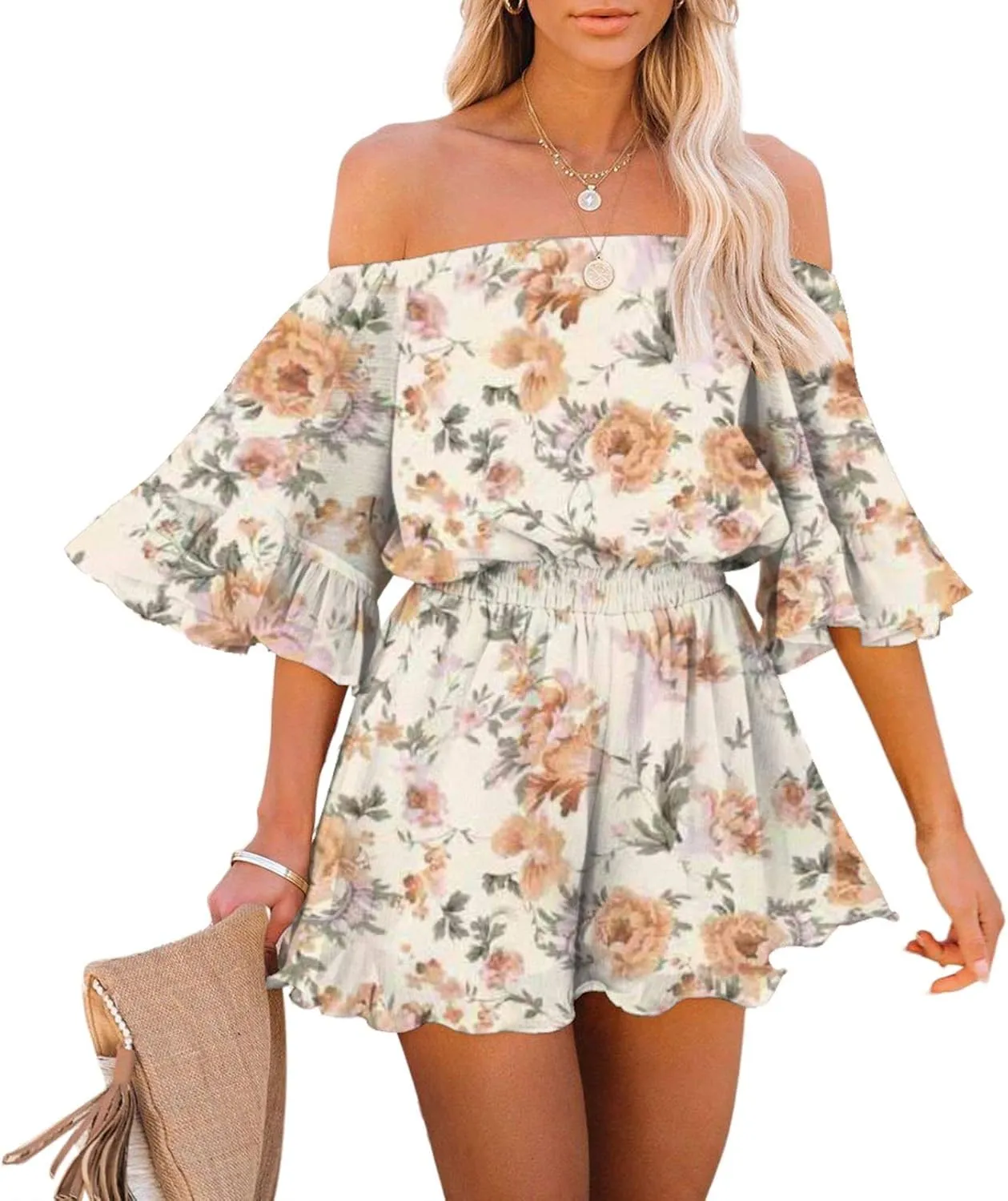 Fixmatti Women Boho Summer Romper Casual Floral Print Off Shoulder Strapless Shorts Jumpsuits