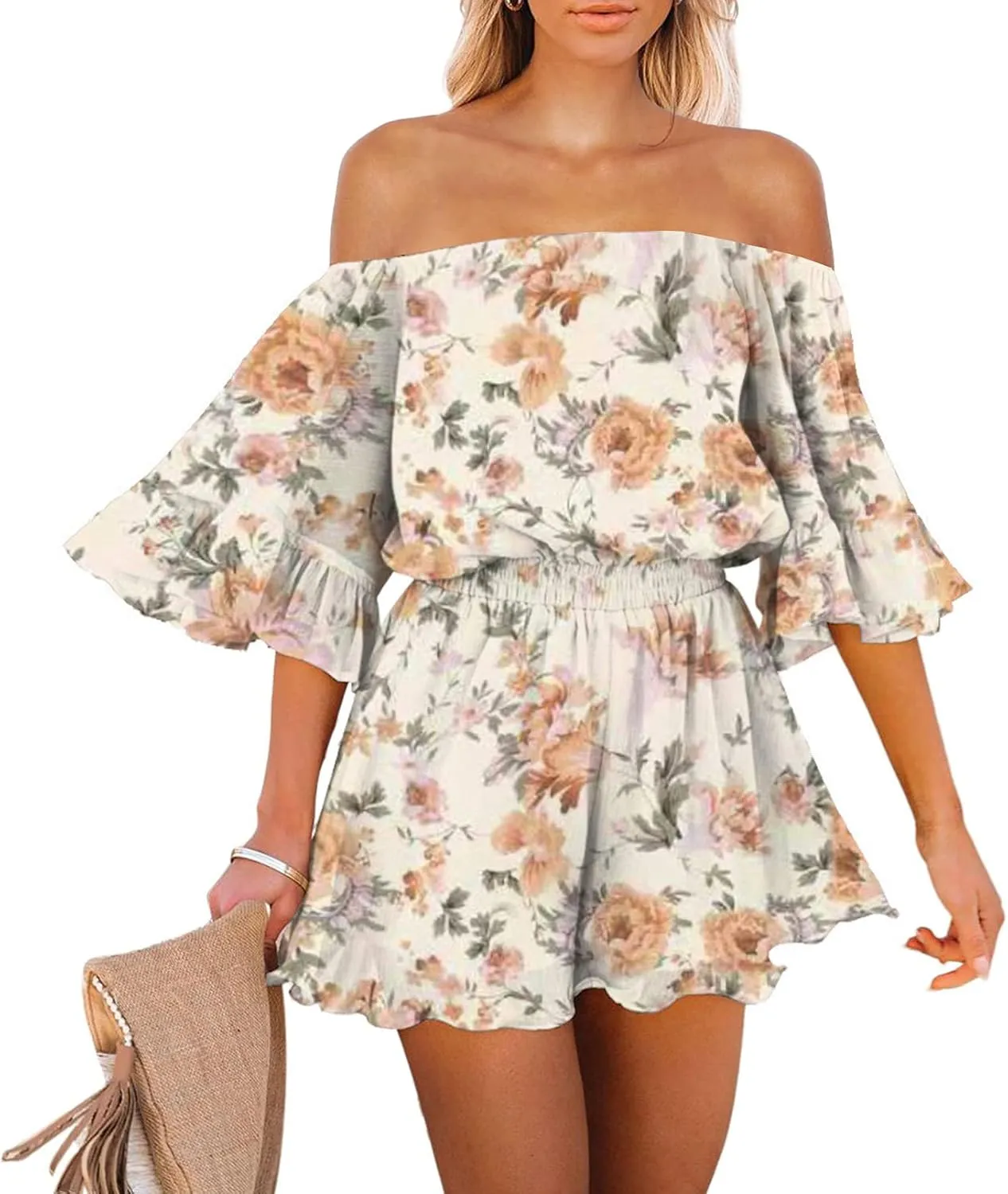 Fixmatti Women Boho Summer Romper Casual Floral Print Off Shoulder Strapless Shorts Jumpsuits