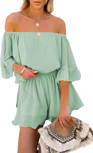 Fixmatti Women Boho Summer Romper Casual Floral Print Off Shoulder Strapless Shorts Jumpsuits