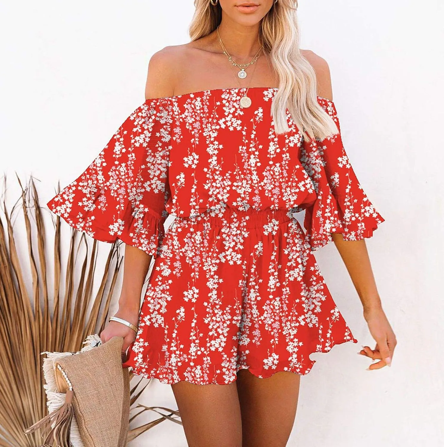 Fixmatti Women Boho Summer Romper Casual Floral Print Off Shoulder Strapless Shorts Jumpsuits