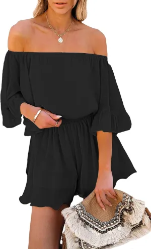 Fixmatti Women Boho Summer Romper Casual Floral Print Off Shoulder Strapless Shorts Jumpsuits