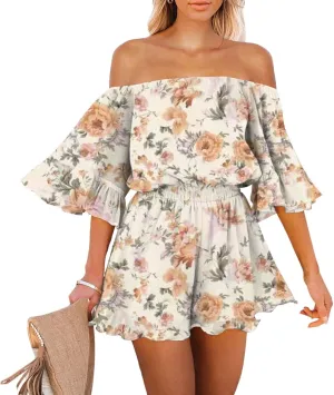 Fixmatti Women Boho Summer Romper Casual Floral Print Off Shoulder Strapless Shorts Jumpsuits