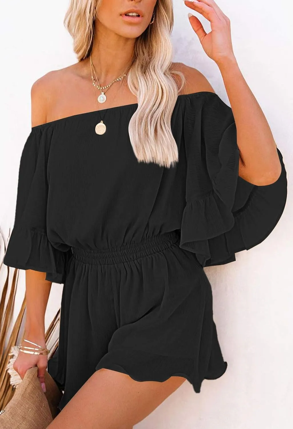 Fixmatti Women Boho Summer Romper Casual Floral Print Off Shoulder Strapless Shorts Jumpsuits