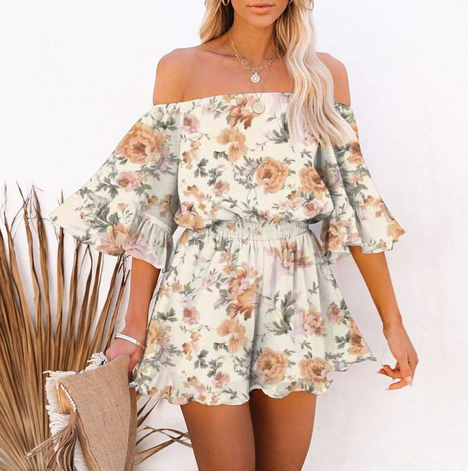 Fixmatti Women Boho Summer Romper Casual Floral Print Off Shoulder Strapless Shorts Jumpsuits