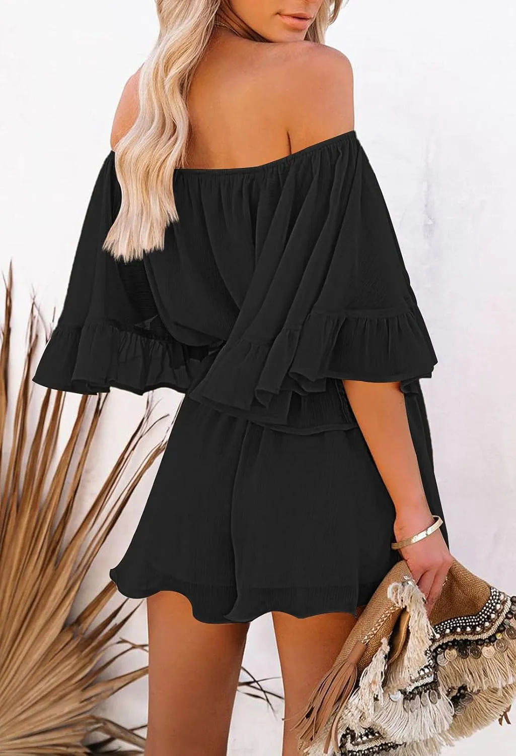 Fixmatti Women Boho Summer Romper Casual Floral Print Off Shoulder Strapless Shorts Jumpsuits