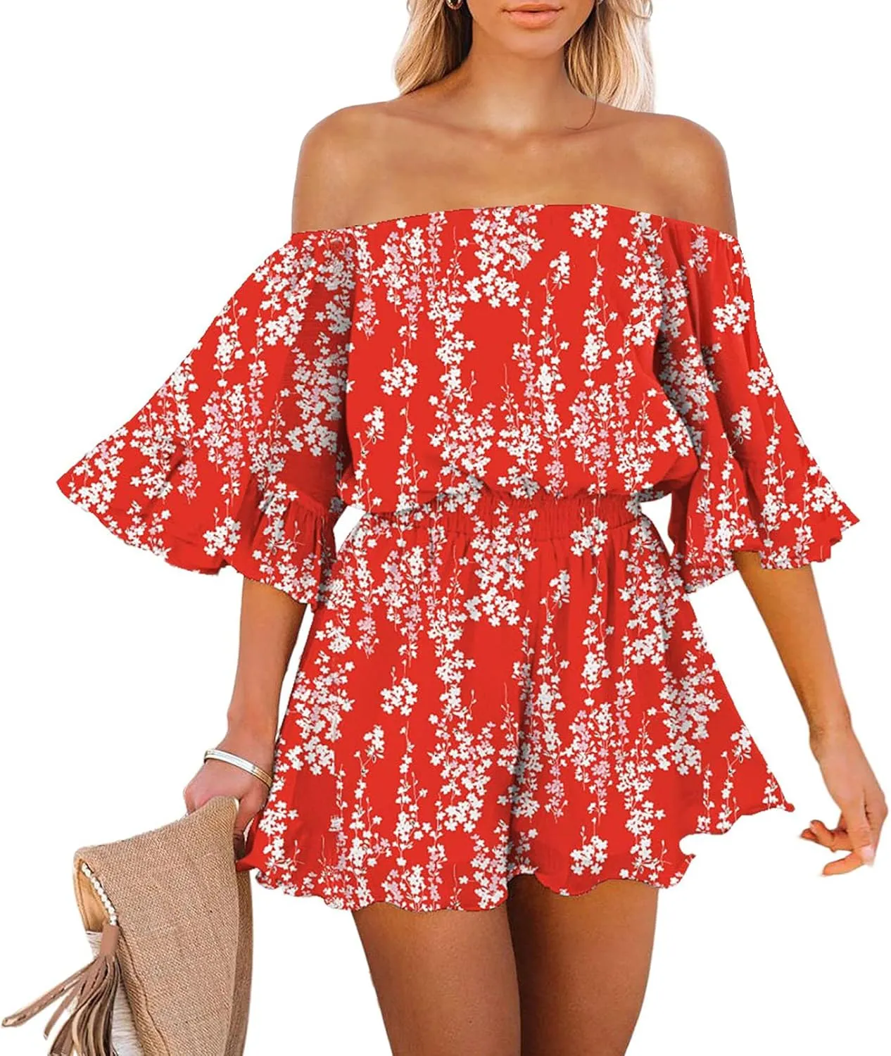 Fixmatti Women Boho Summer Romper Casual Floral Print Off Shoulder Strapless Shorts Jumpsuits