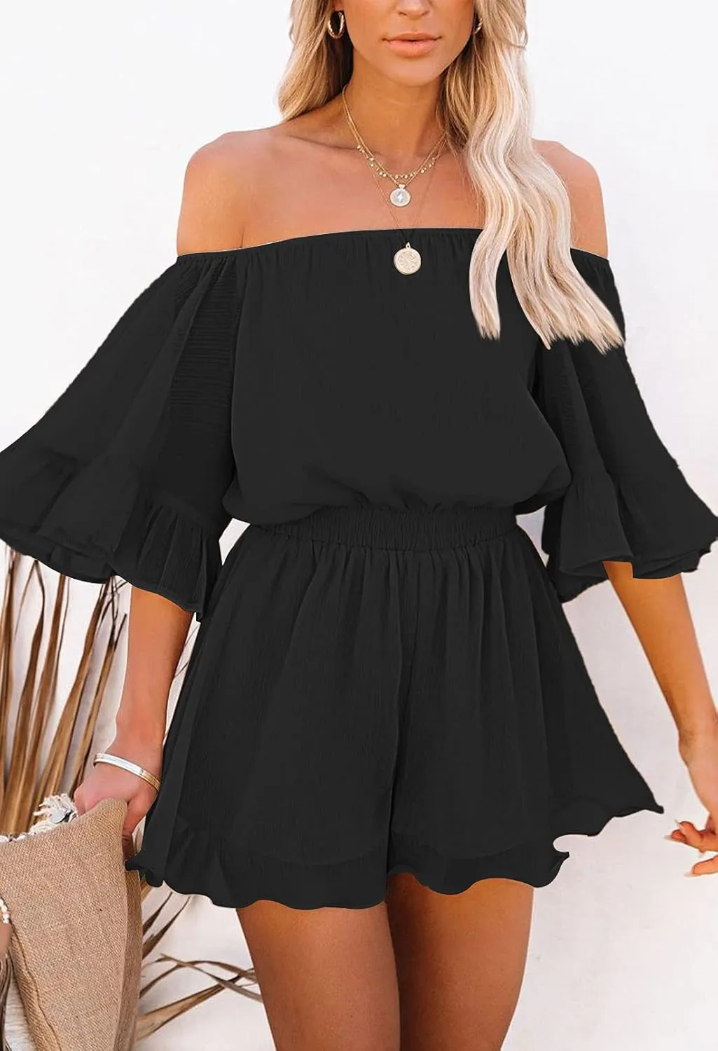Fixmatti Women Boho Summer Romper Casual Floral Print Off Shoulder Strapless Shorts Jumpsuits