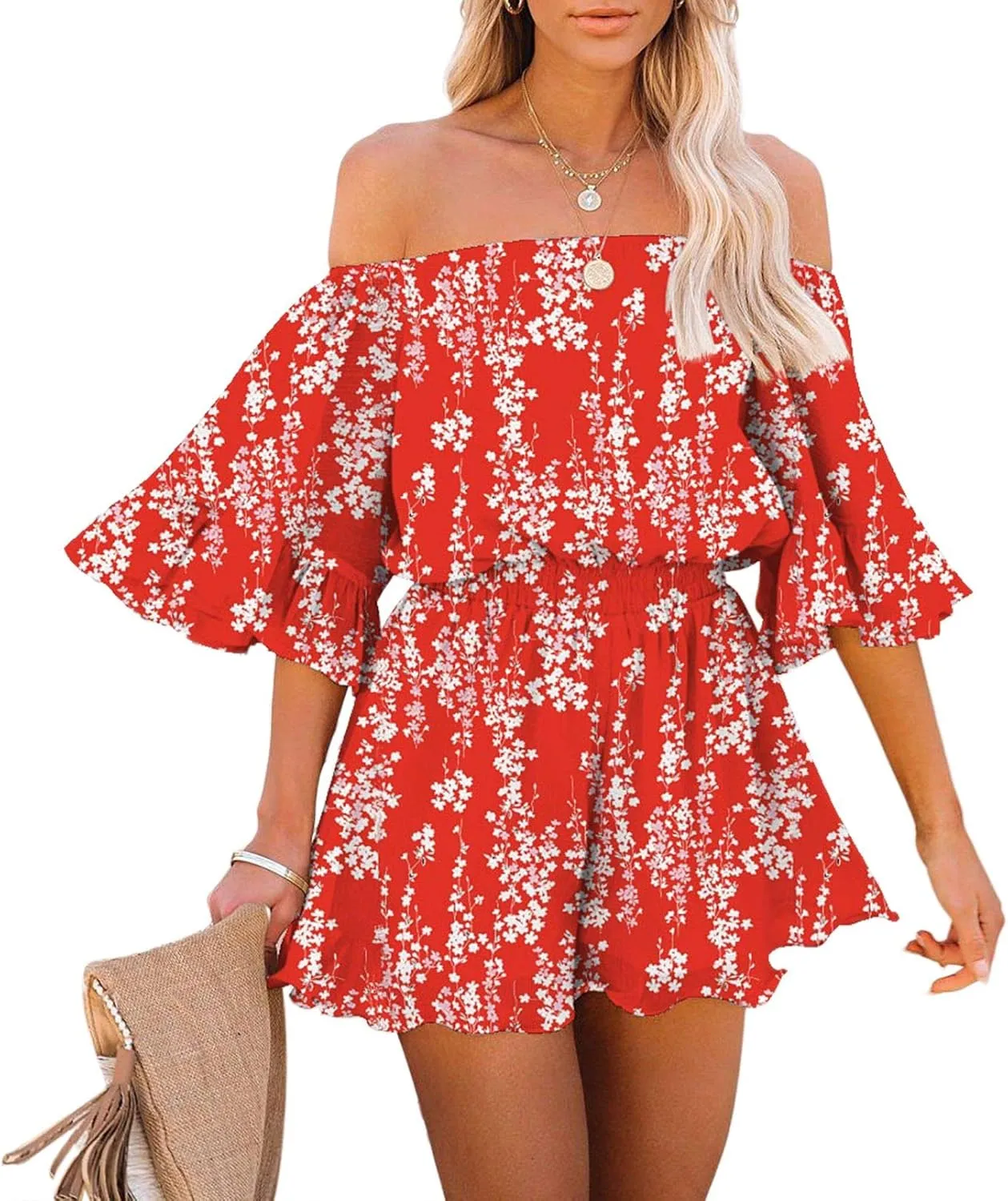 Fixmatti Women Boho Summer Romper Casual Floral Print Off Shoulder Strapless Shorts Jumpsuits
