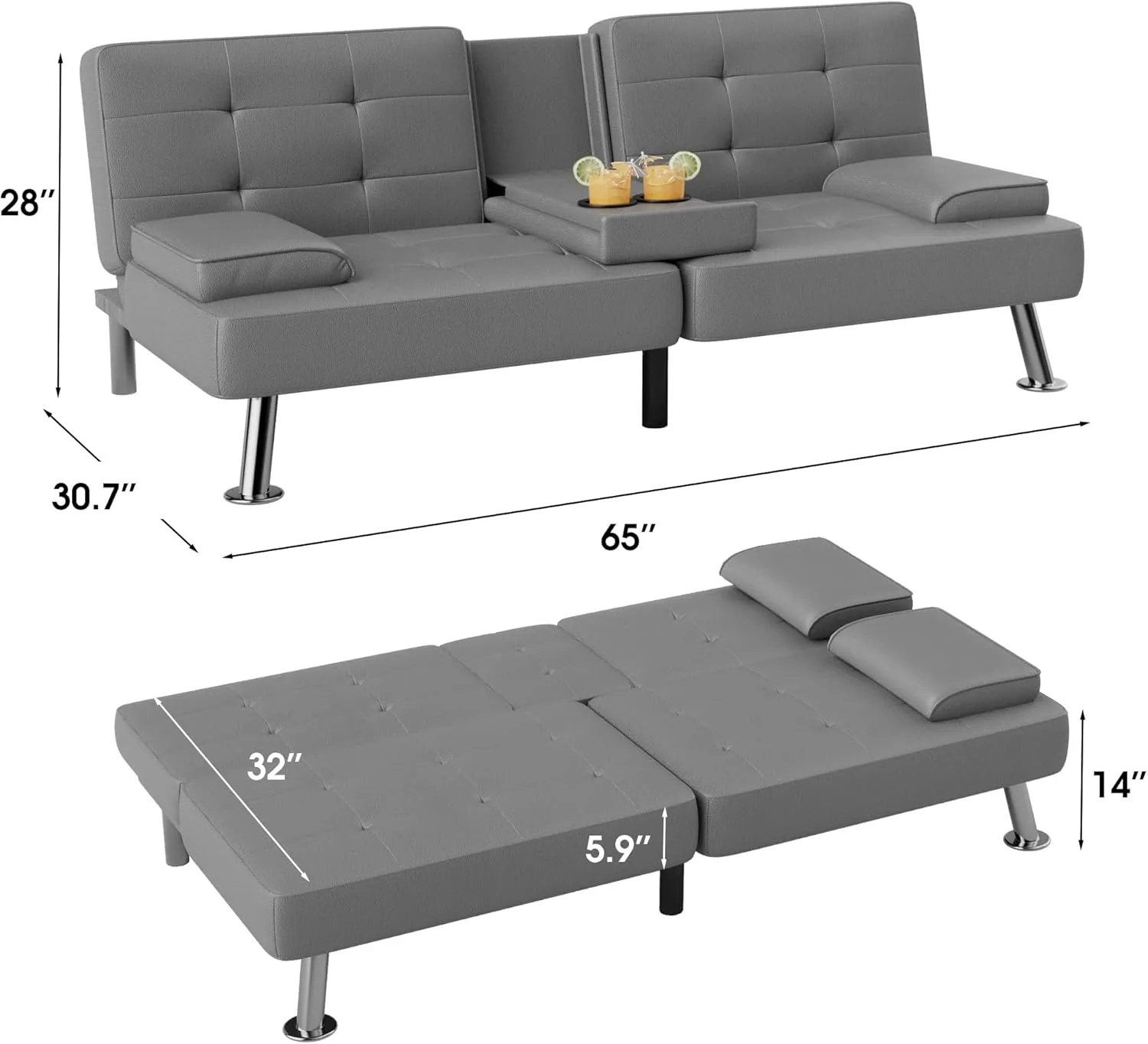 Flamaker Futon Sofa Bed Modern Folding Futon Set PU Leather Convertible Recliner Lounge for Living Room with 2 Cup Holders, Removable Armrests (PU Leather, Grey)