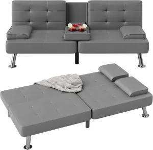 Flamaker Futon Sofa Bed Modern Folding Futon Set PU Leather Convertible Recliner Lounge for Living Room with 2 Cup Holders, Removable Armrests (PU Leather, Grey)