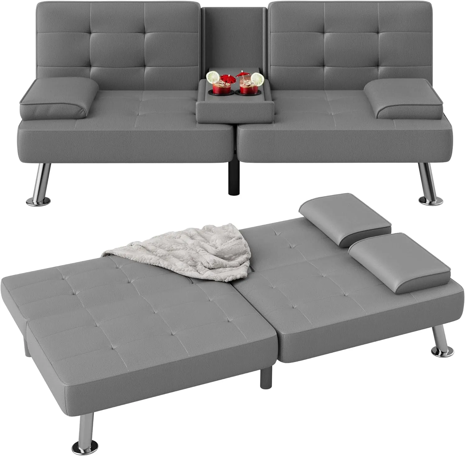 Flamaker Futon Sofa Bed Modern Folding Futon Set PU Leather Convertible Recliner Lounge for Living Room with 2 Cup Holders, Removable Armrests (PU Leather, Grey)