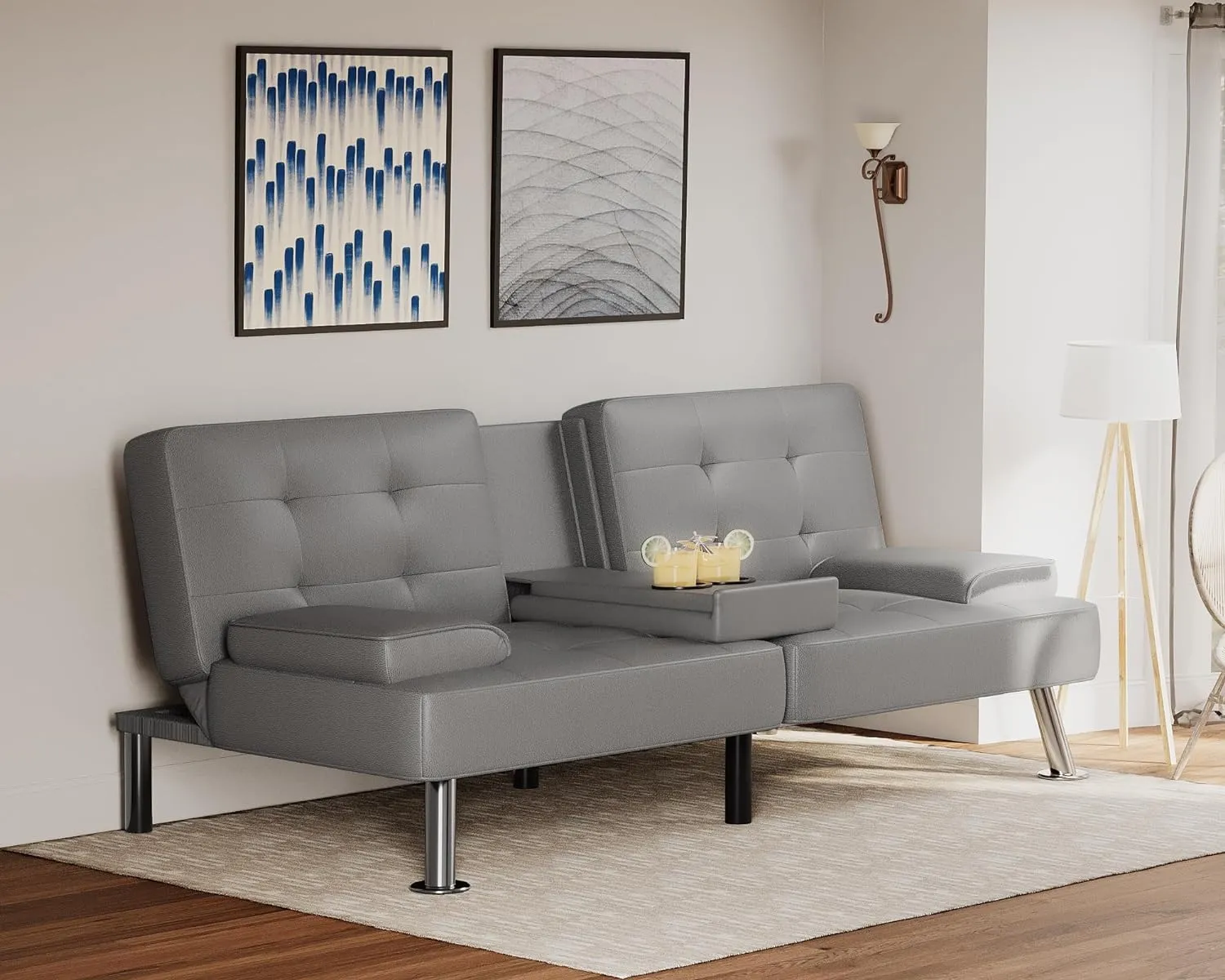 Flamaker Futon Sofa Bed Modern Folding Futon Set PU Leather Convertible Recliner Lounge for Living Room with 2 Cup Holders, Removable Armrests (PU Leather, Grey)