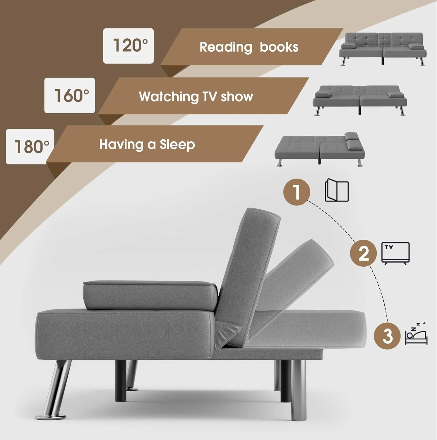 Flamaker Futon Sofa Bed Modern Folding Futon Set PU Leather Convertible Recliner Lounge for Living Room with 2 Cup Holders, Removable Armrests (PU Leather, Grey)