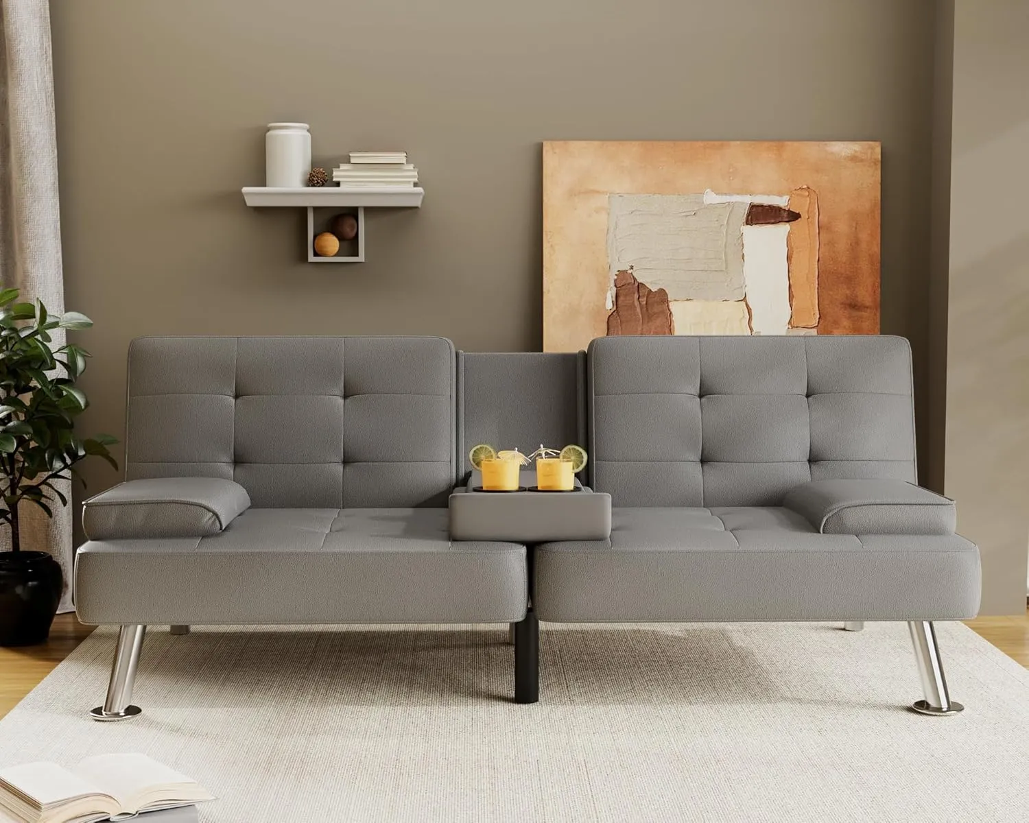Flamaker Futon Sofa Bed Modern Folding Futon Set PU Leather Convertible Recliner Lounge for Living Room with 2 Cup Holders, Removable Armrests (PU Leather, Grey)