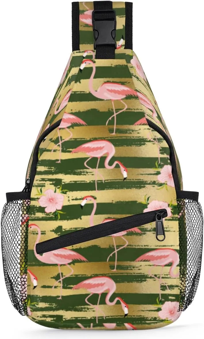 Flamingo Gold Stripes Sling Bag for Women Men Crossbody Sling Backpack Shoulder Bag Chest Bag Daypack for Travel Hiking Outdoor