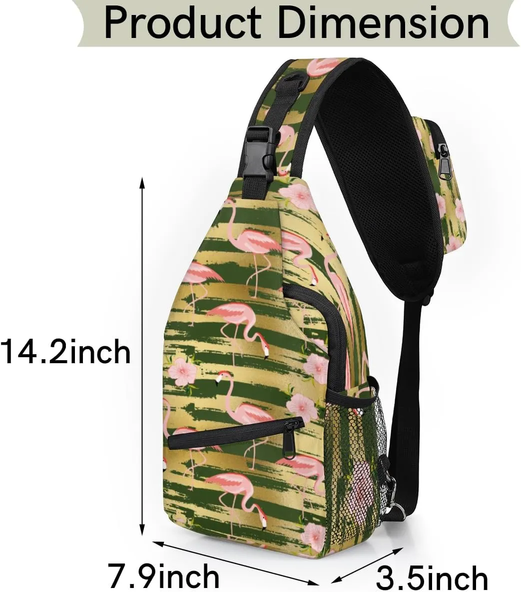Flamingo Gold Stripes Sling Bag for Women Men Crossbody Sling Backpack Shoulder Bag Chest Bag Daypack for Travel Hiking Outdoor