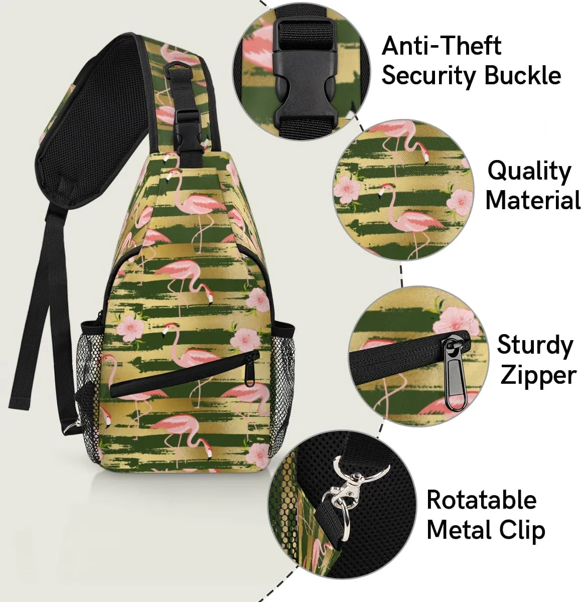 Flamingo Gold Stripes Sling Bag for Women Men Crossbody Sling Backpack Shoulder Bag Chest Bag Daypack for Travel Hiking Outdoor