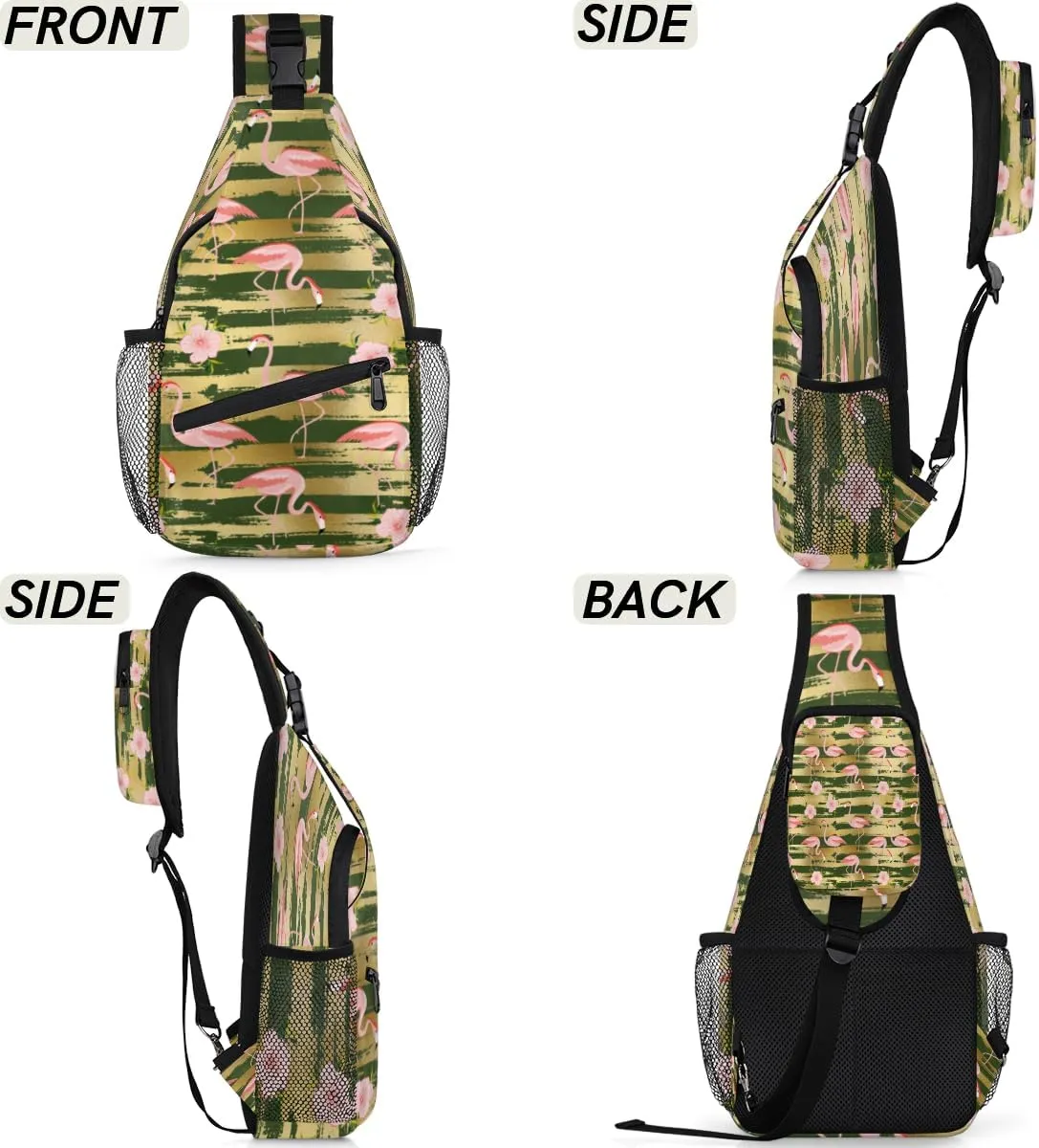 Flamingo Gold Stripes Sling Bag for Women Men Crossbody Sling Backpack Shoulder Bag Chest Bag Daypack for Travel Hiking Outdoor
