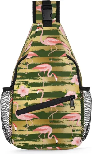 Flamingo Gold Stripes Sling Bag for Women Men Crossbody Sling Backpack Shoulder Bag Chest Bag Daypack for Travel Hiking Outdoor