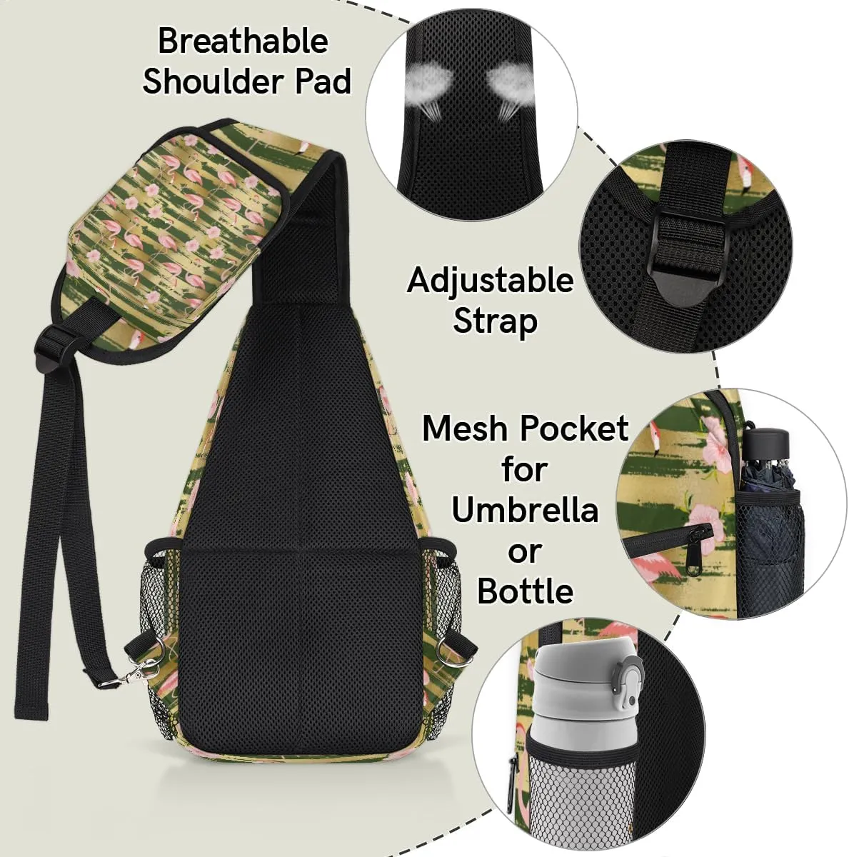Flamingo Gold Stripes Sling Bag for Women Men Crossbody Sling Backpack Shoulder Bag Chest Bag Daypack for Travel Hiking Outdoor