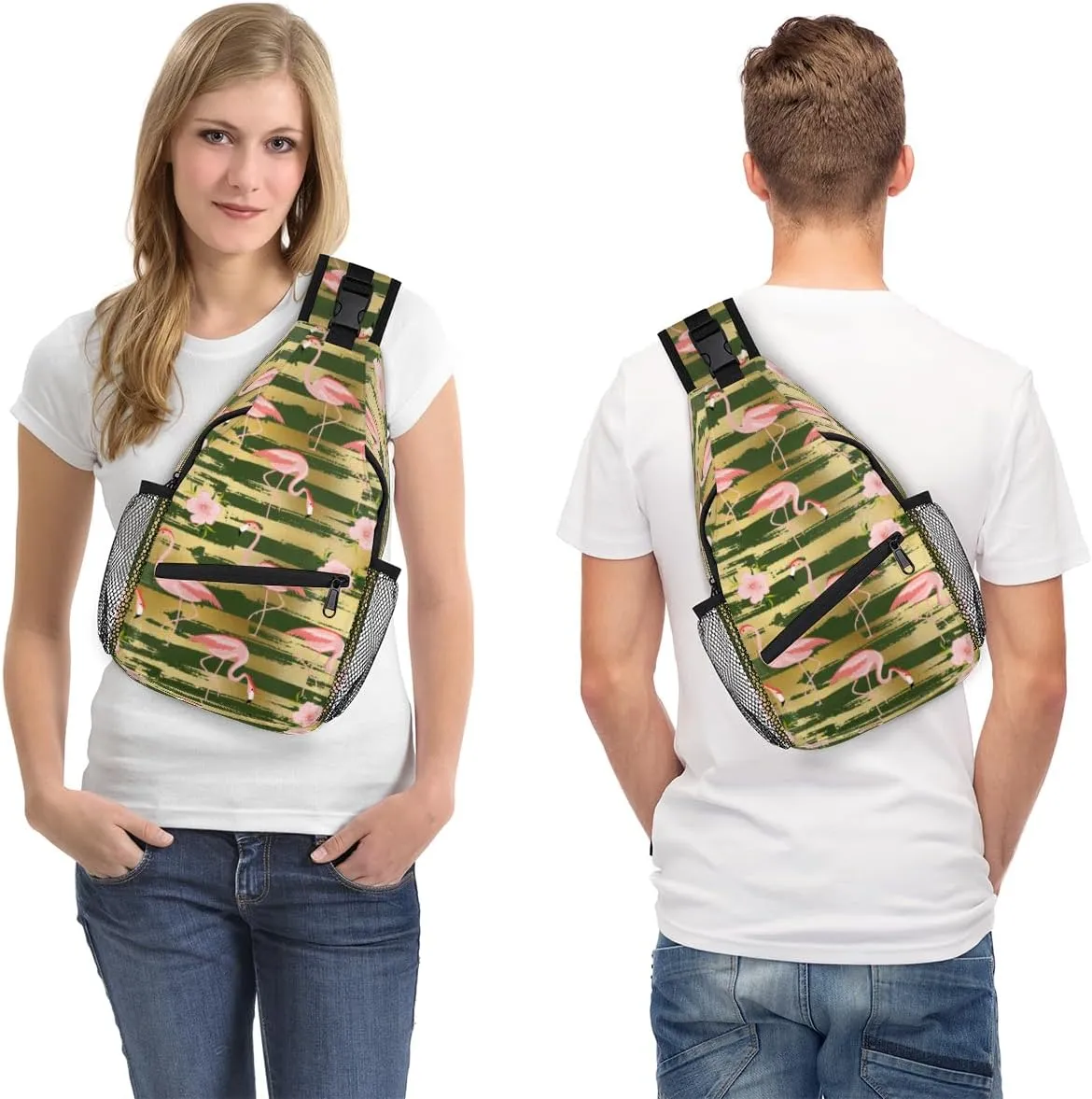 Flamingo Gold Stripes Sling Bag for Women Men Crossbody Sling Backpack Shoulder Bag Chest Bag Daypack for Travel Hiking Outdoor