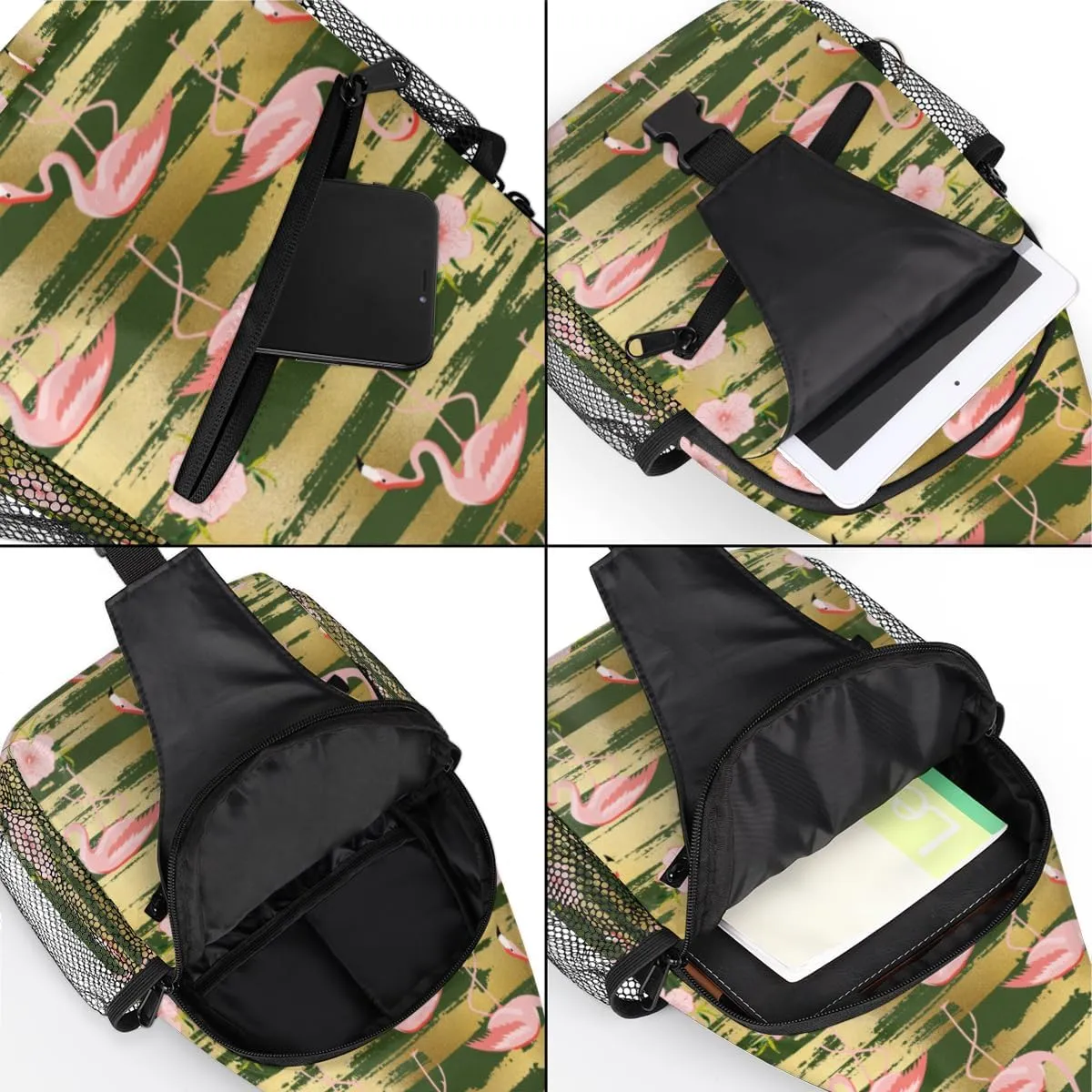 Flamingo Gold Stripes Sling Bag for Women Men Crossbody Sling Backpack Shoulder Bag Chest Bag Daypack for Travel Hiking Outdoor