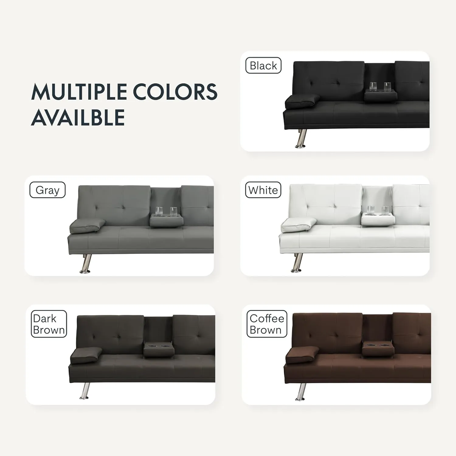 FLEXISPOT Futon Sofa Bed with Cup Holders, Convertible Sleeper Couch with Adjustable Backrest, Folding Loveseat Sofa for Small Spaces, Apartment, Guest Room, Office (PU Leather,Gray)