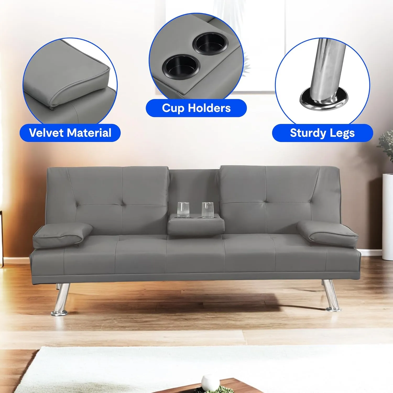 FLEXISPOT Futon Sofa Bed with Cup Holders, Convertible Sleeper Couch with Adjustable Backrest, Folding Loveseat Sofa for Small Spaces, Apartment, Guest Room, Office (PU Leather,Gray)