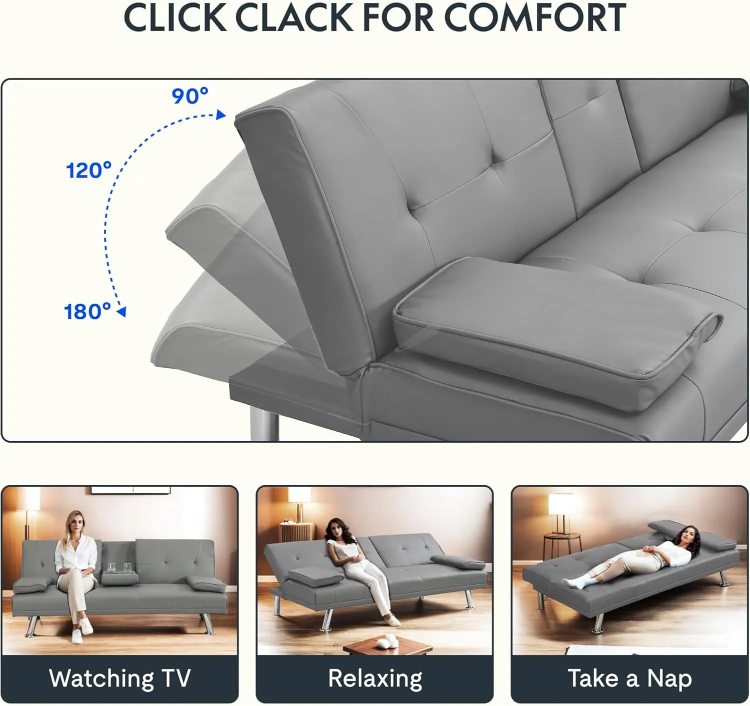 FLEXISPOT Futon Sofa Bed with Cup Holders, Convertible Sleeper Couch with Adjustable Backrest, Folding Loveseat Sofa for Small Spaces, Apartment, Guest Room, Office (PU Leather,Gray)