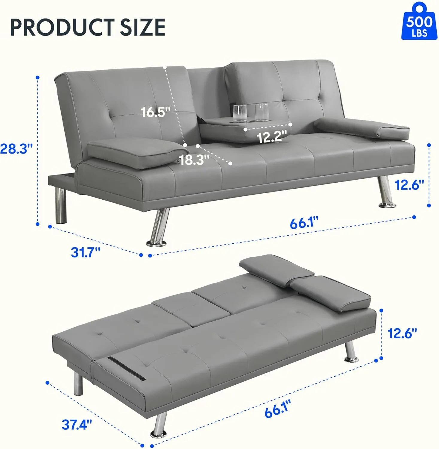 FLEXISPOT Futon Sofa Bed with Cup Holders, Convertible Sleeper Couch with Adjustable Backrest, Folding Loveseat Sofa for Small Spaces, Apartment, Guest Room, Office (PU Leather,Gray)