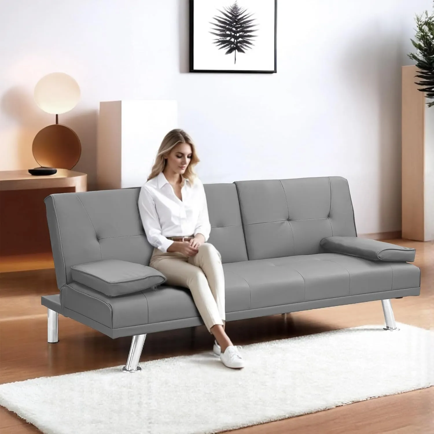 FLEXISPOT Futon Sofa Bed with Cup Holders, Convertible Sleeper Couch with Adjustable Backrest, Folding Loveseat Sofa for Small Spaces, Apartment, Guest Room, Office (PU Leather,Gray)