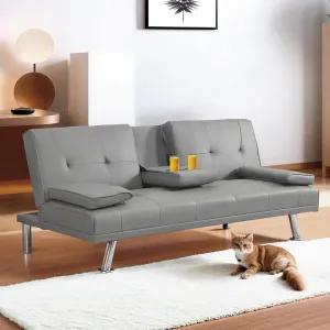 FLEXISPOT Futon Sofa Bed with Cup Holders, Convertible Sleeper Couch with Adjustable Backrest, Folding Loveseat Sofa for Small Spaces, Apartment, Guest Room, Office (PU Leather,Gray)