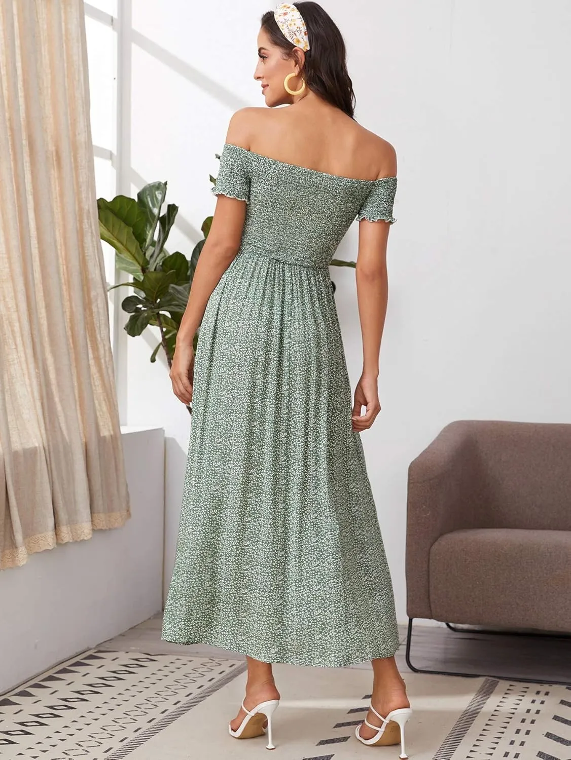 Floerns Women's Boho Floral Print Off Shoulder Split Long A Line Dress