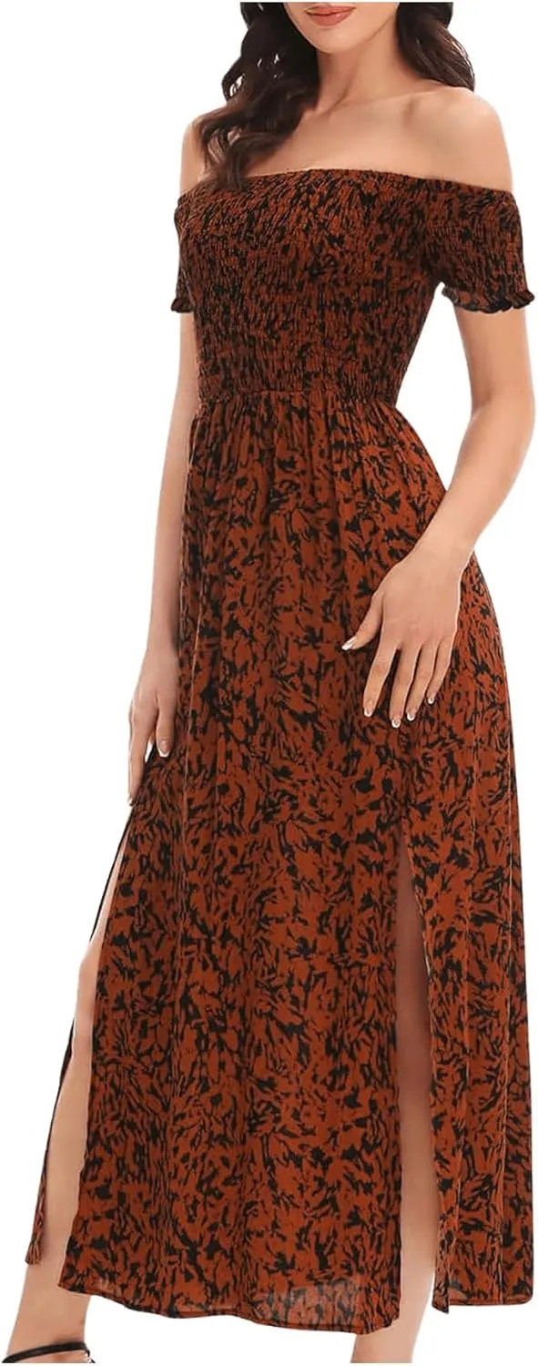 Floerns Women's Boho Floral Print Off Shoulder Split Long A Line Dress