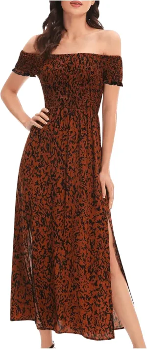Floerns Women's Boho Floral Print Off Shoulder Split Long A Line Dress