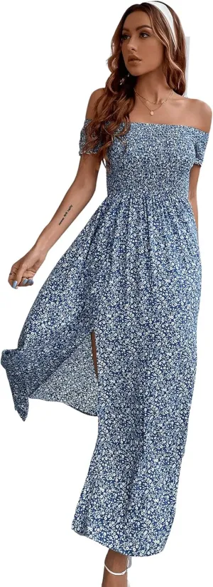 Floerns Women's Boho Floral Print Off Shoulder Split Long A Line Dress