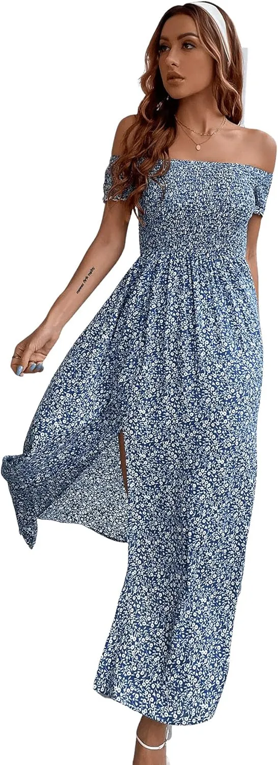 Floerns Women's Boho Floral Print Off Shoulder Split Long A Line Dress