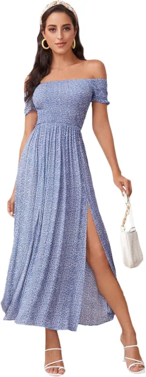 Floerns Women's Boho Floral Print Off Shoulder Split Long A Line Dress