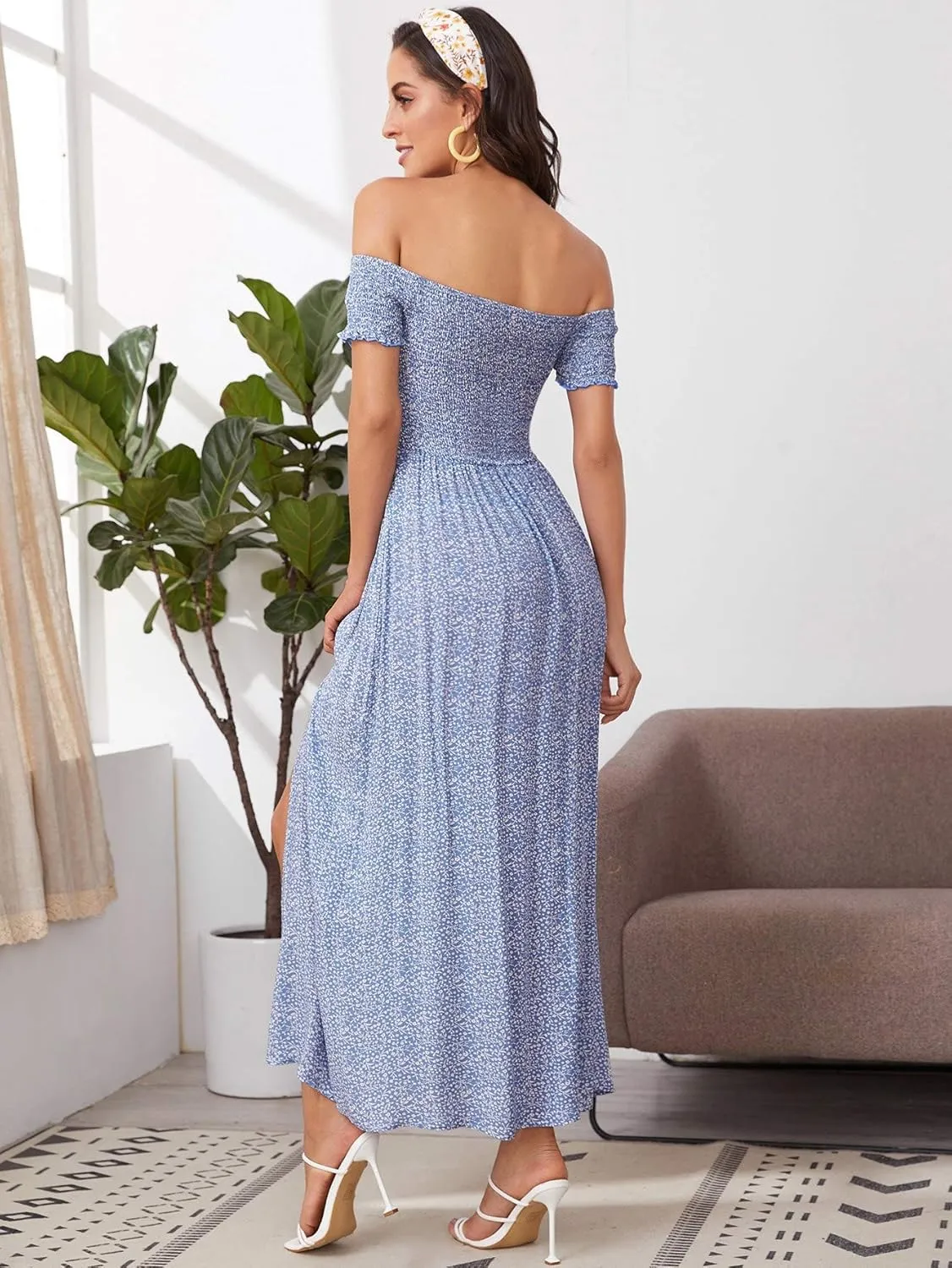 Floerns Women's Boho Floral Print Off Shoulder Split Long A Line Dress
