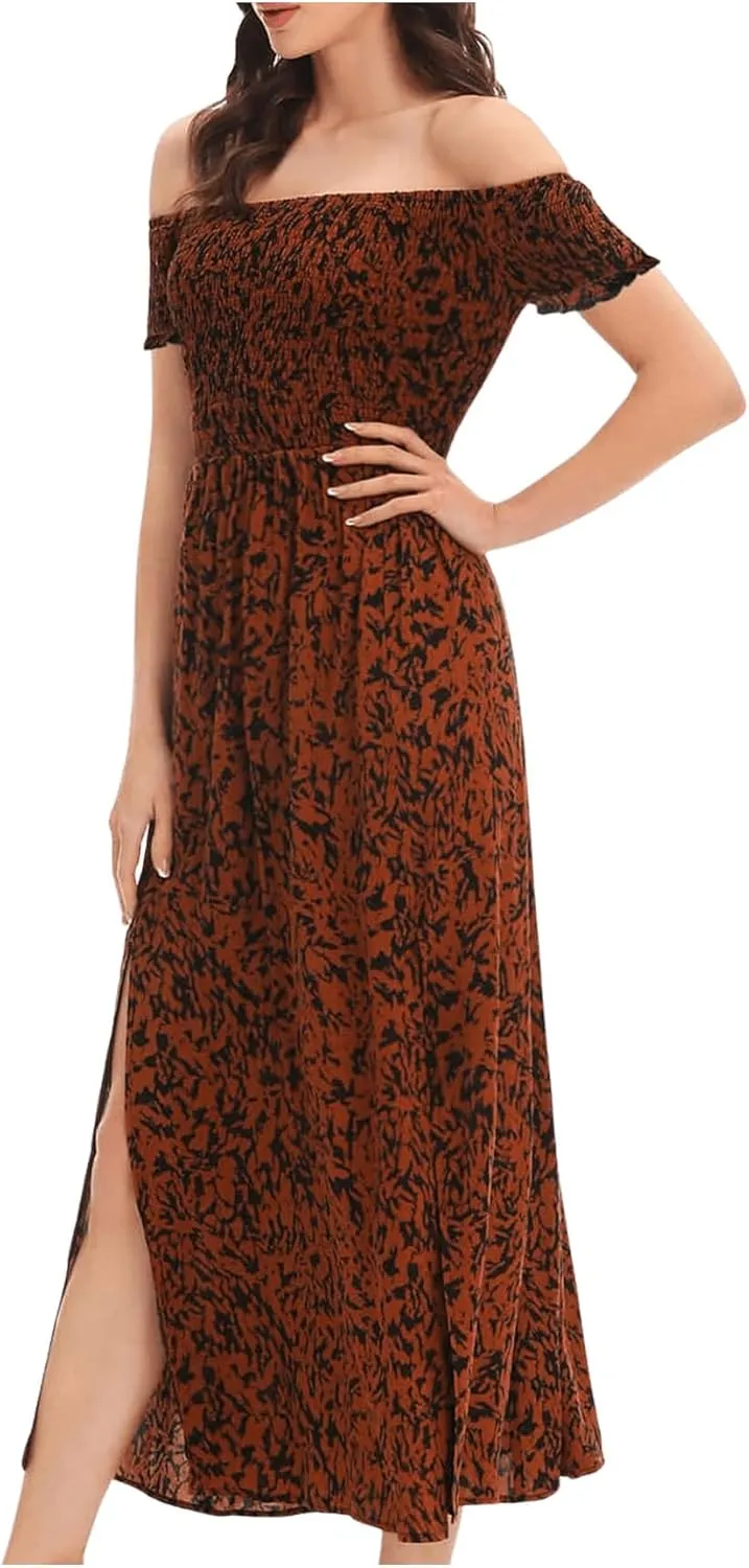 Floerns Women's Boho Floral Print Off Shoulder Split Long A Line Dress
