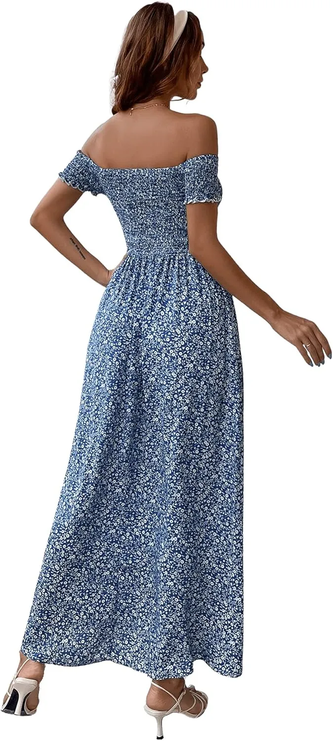Floerns Women's Boho Floral Print Off Shoulder Split Long A Line Dress