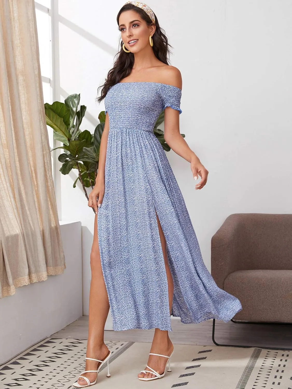 Floerns Women's Boho Floral Print Off Shoulder Split Long A Line Dress